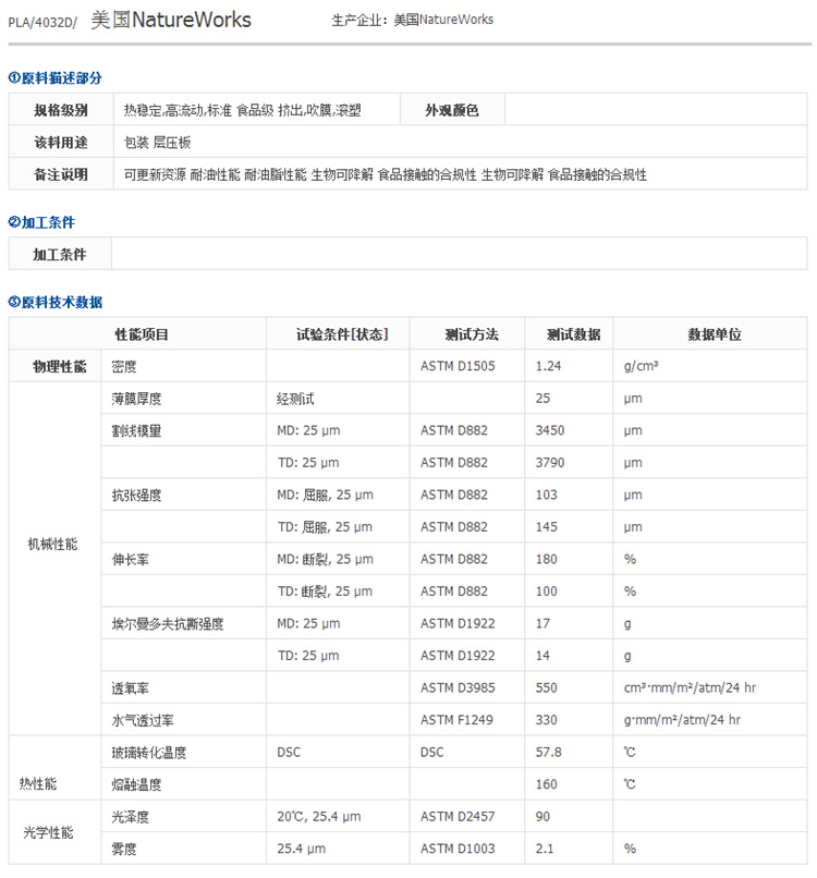 PLA  4032D 美国NatureWorks